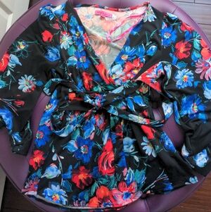 Betsey Johnson floral Bell Sleeve Faux Wrap Tie top